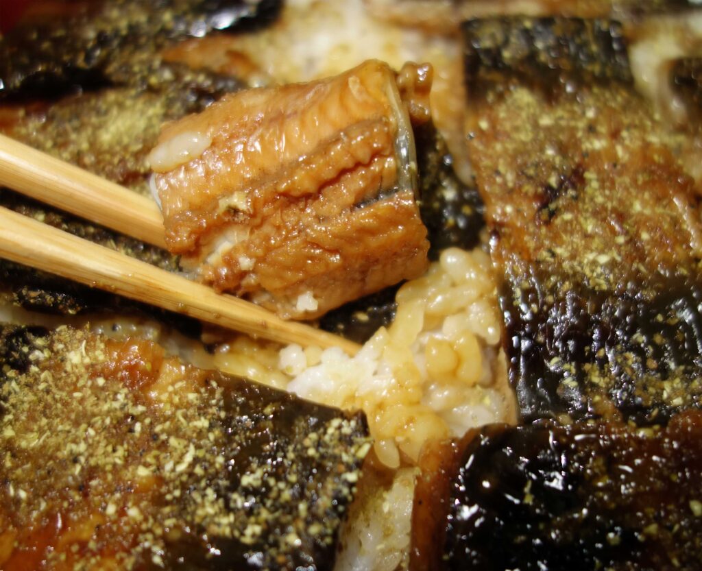 箸で持ち上げられたうなぎの蒲焼きが乗ったご飯