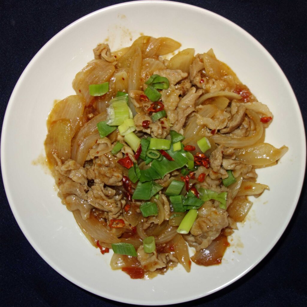 豚肉と玉ねぎを炒めた料理にネギと唐辛子が添えられている