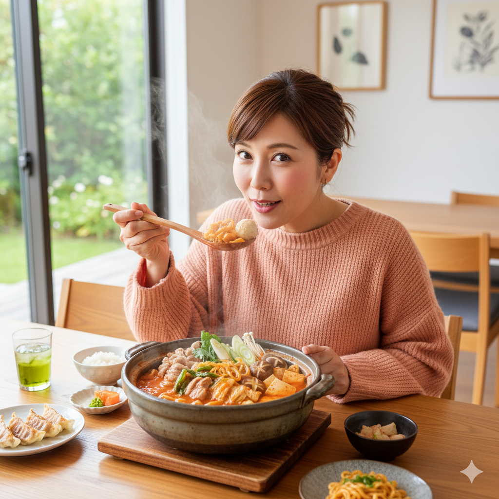 女性がキムチちゃんこ鍋を食べる様子