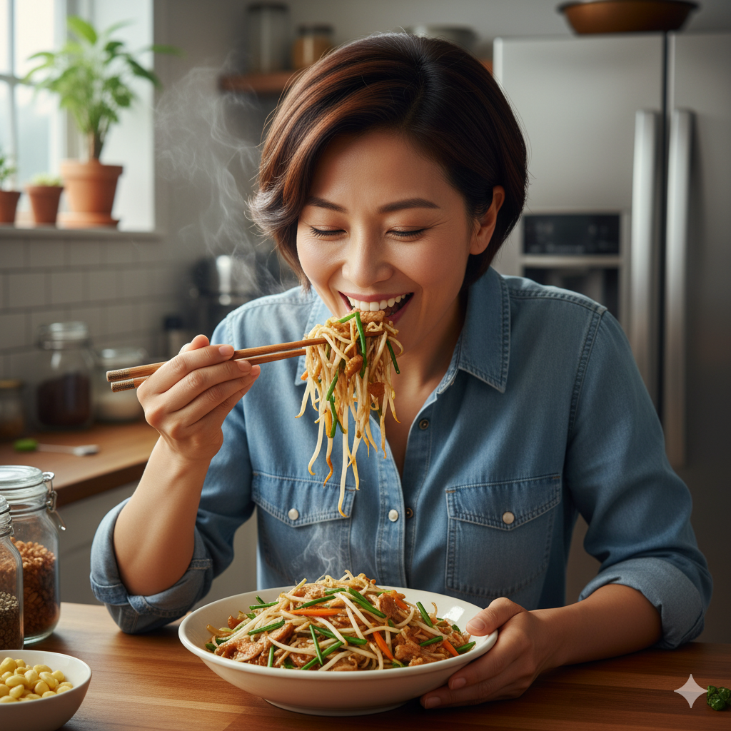 女性が箸で豚肉のもやし炒めを食べている様子