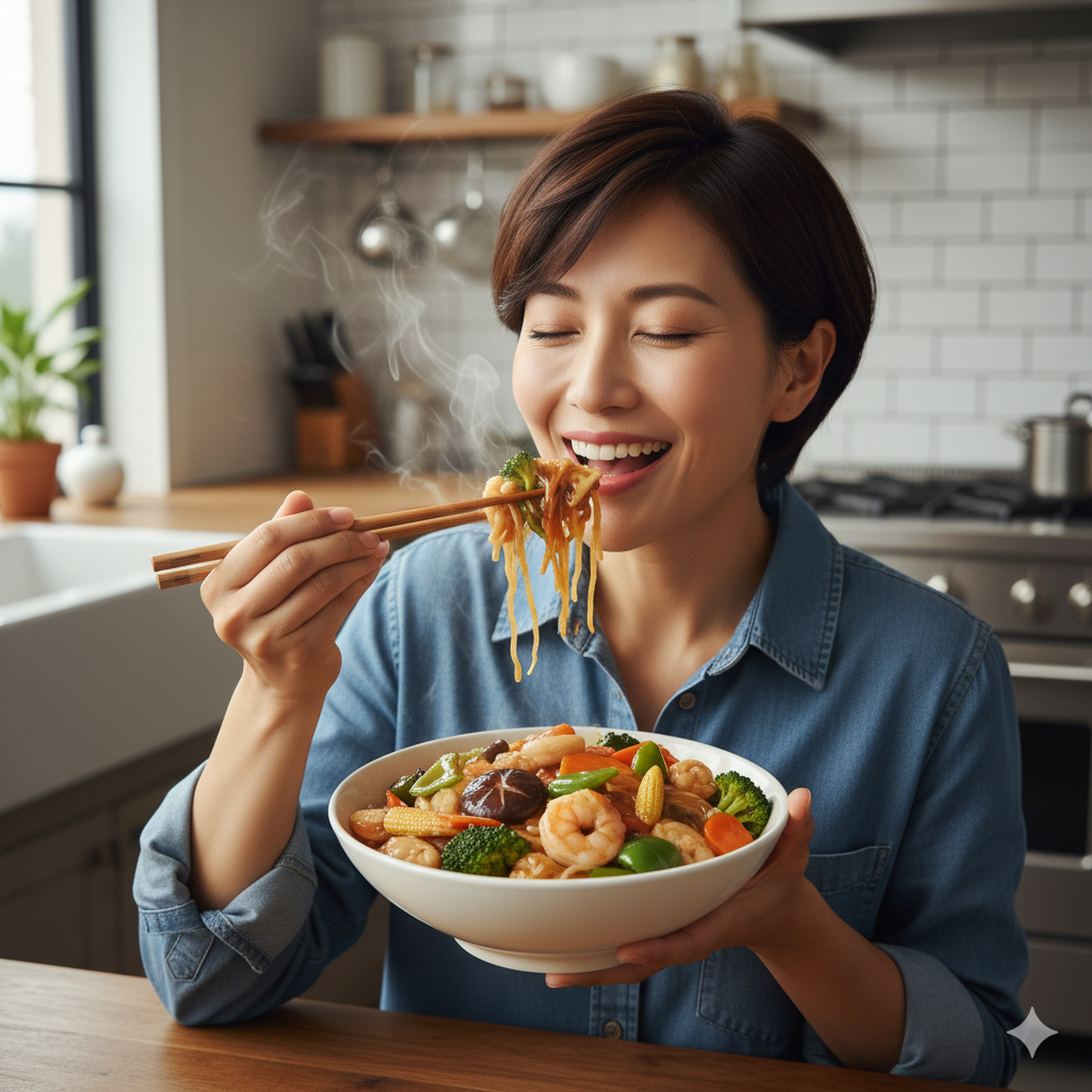 八宝菜を箸で食べる笑顔の女性