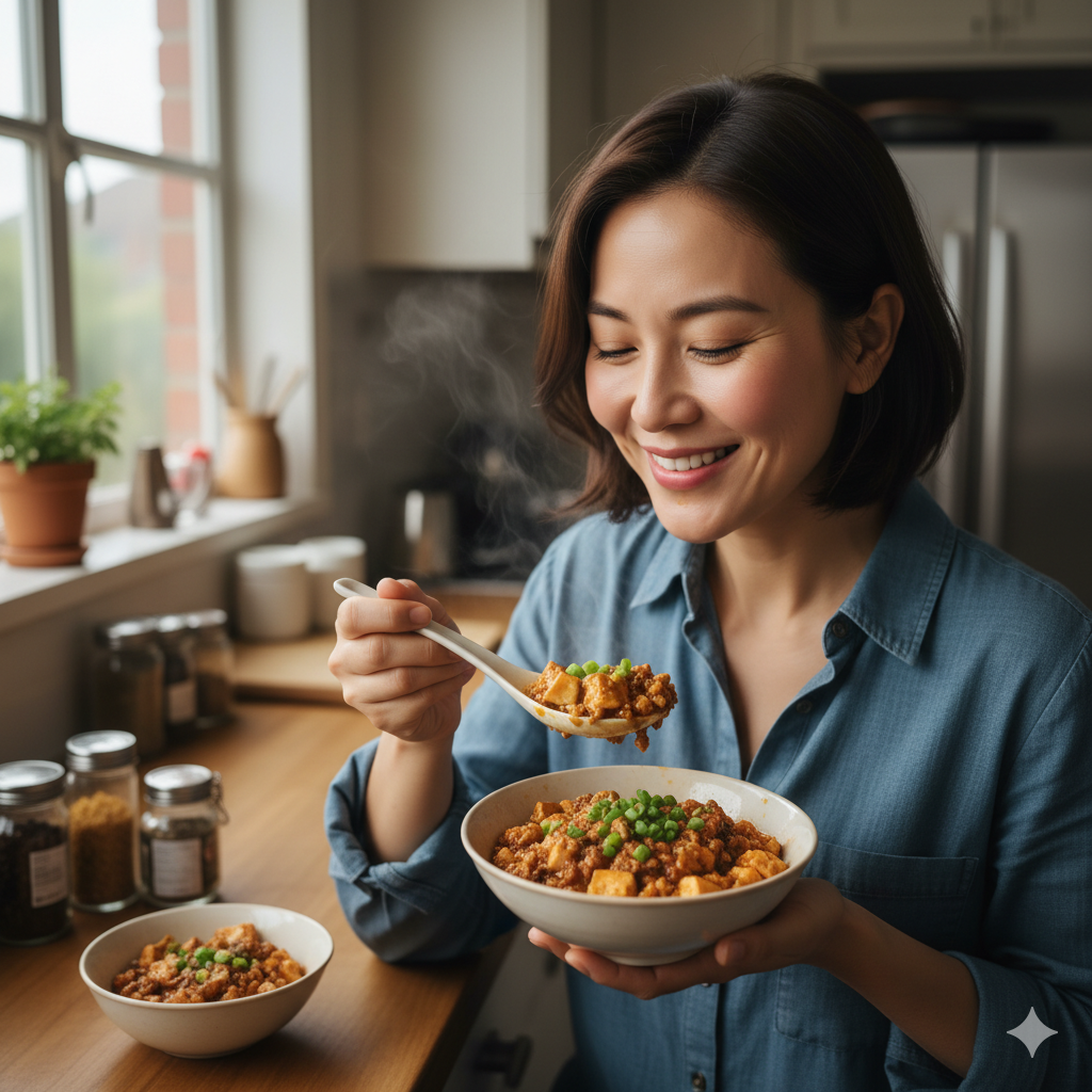 四川麻婆豆腐を食べる笑顔の女性
