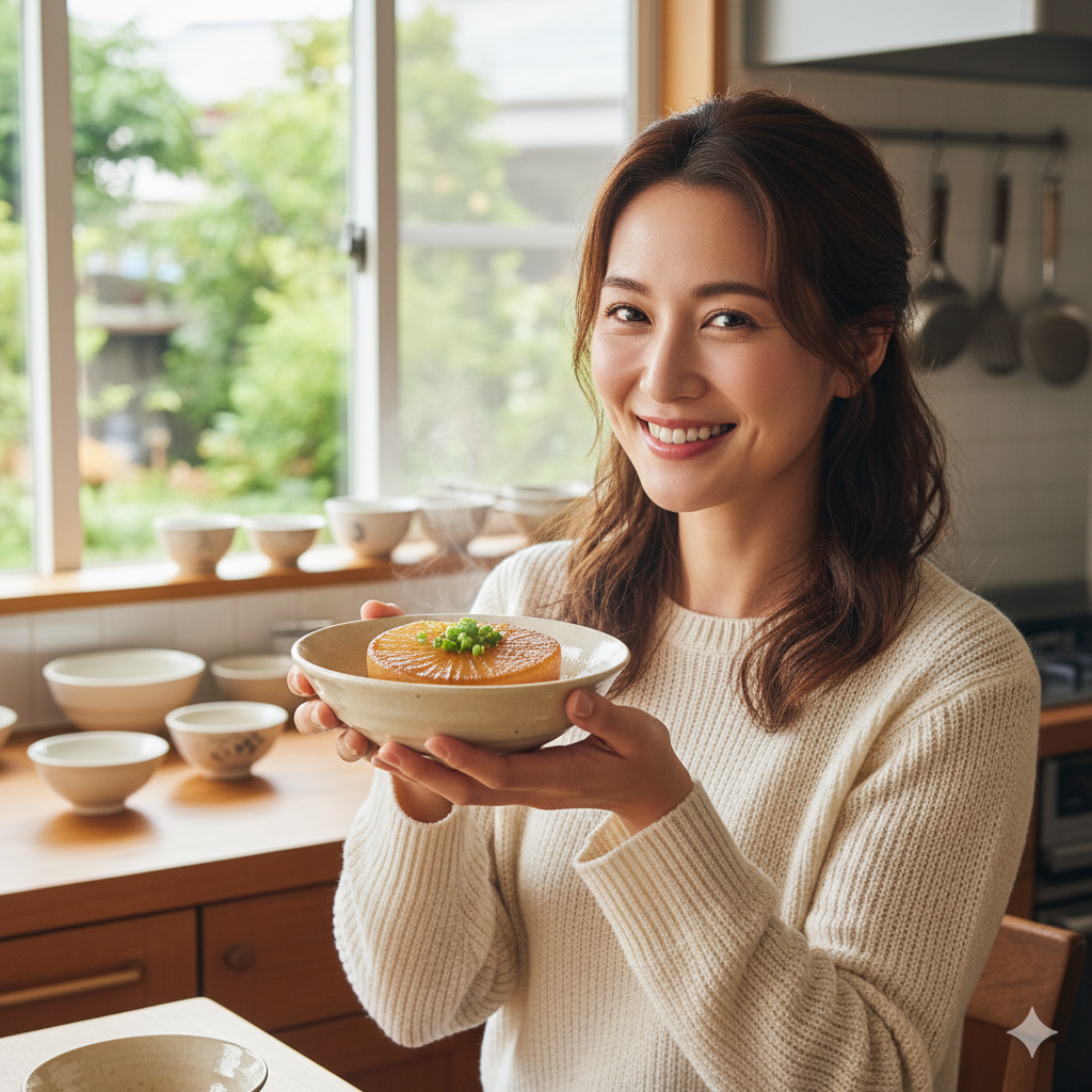女性が笑顔で熱々のふろふき大根を持っている様子