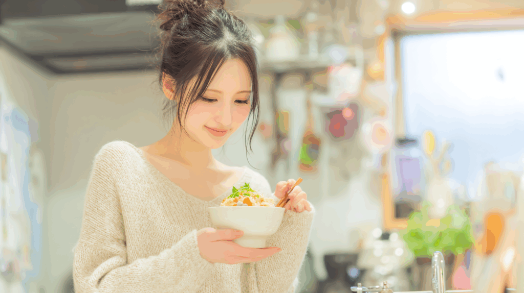 とり釜めしを持つ女性