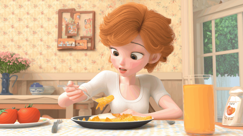 オレンジ髪の女性がチーズオムレツを食べる様子