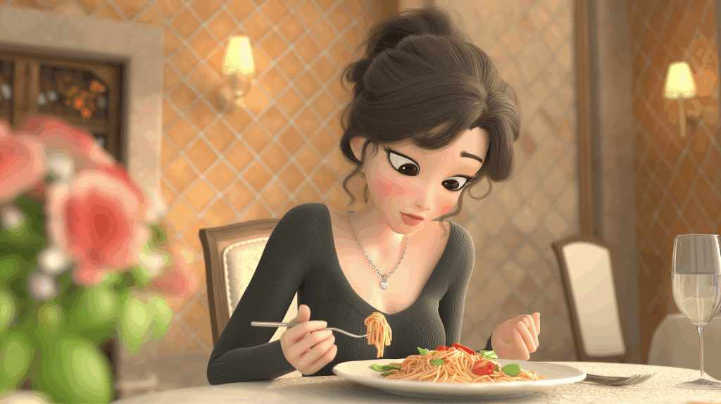 イタリア～んスペシャルを食べる女性のイラスト