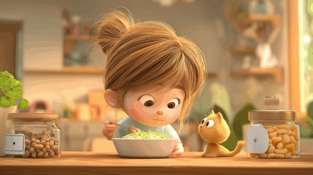 麻婆もやしを食べる女の子と猫のイラスト