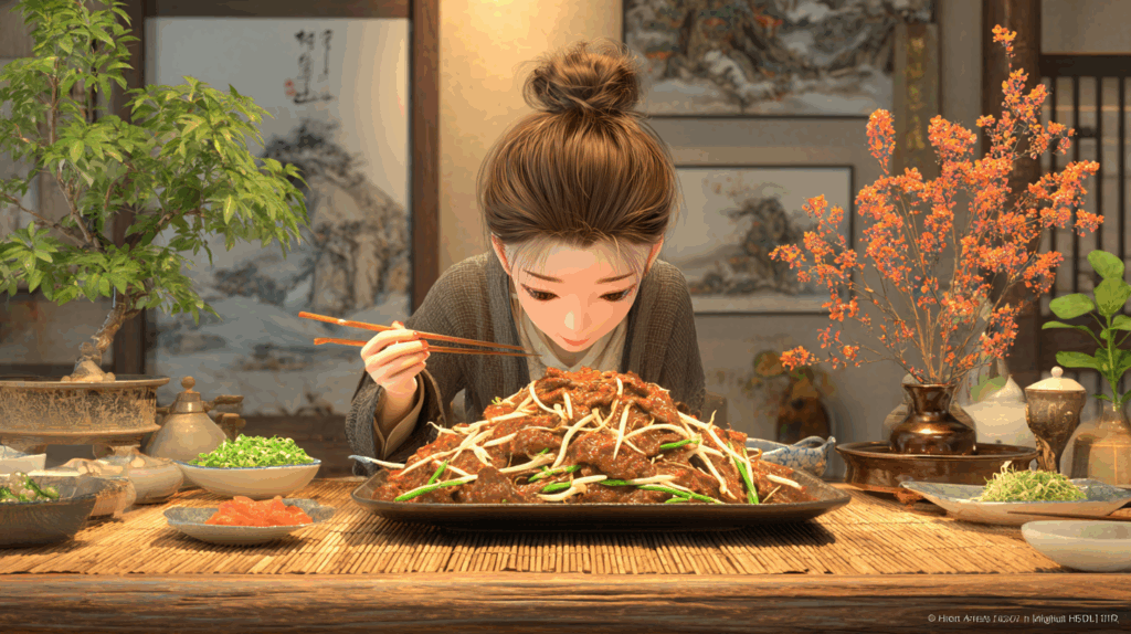 牛タンと鶏挽肉もやし炒めを箸で食べるアニメ風の女性