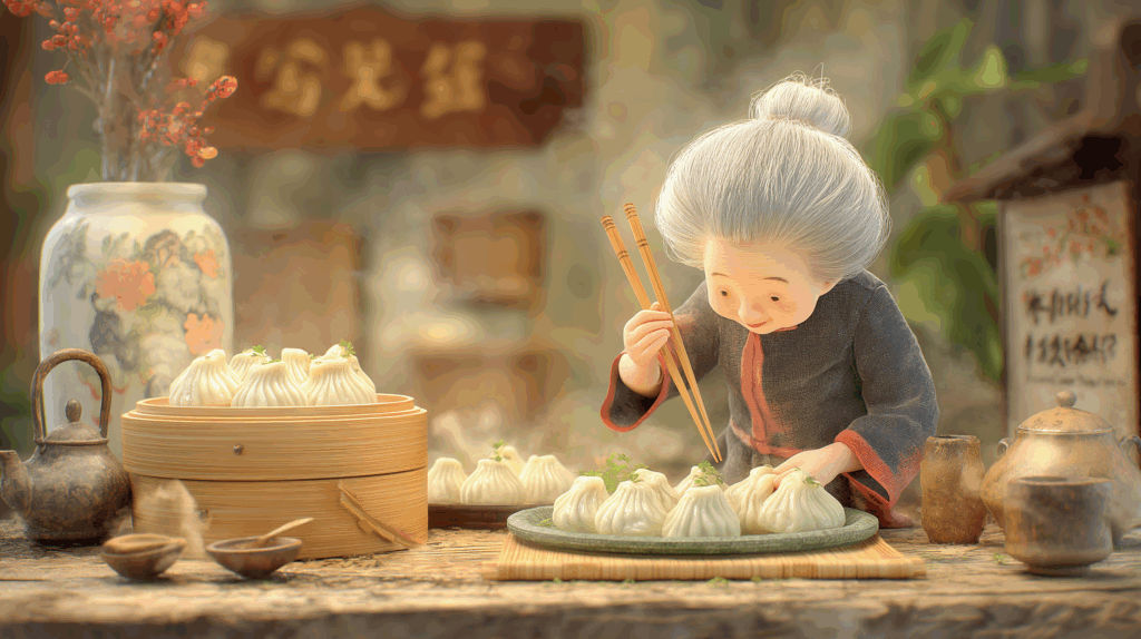 おばあさんが箸でニラ饅頭を食べている様子