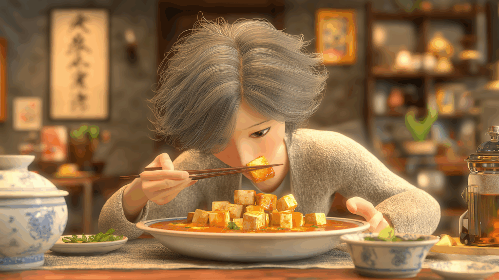 カレー麻婆豆腐を食べるおばあさん