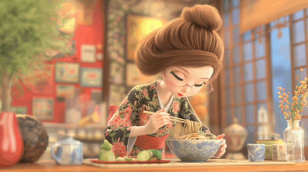 着物姿の女性が箸で鴨葱蕎麦を食べている様子