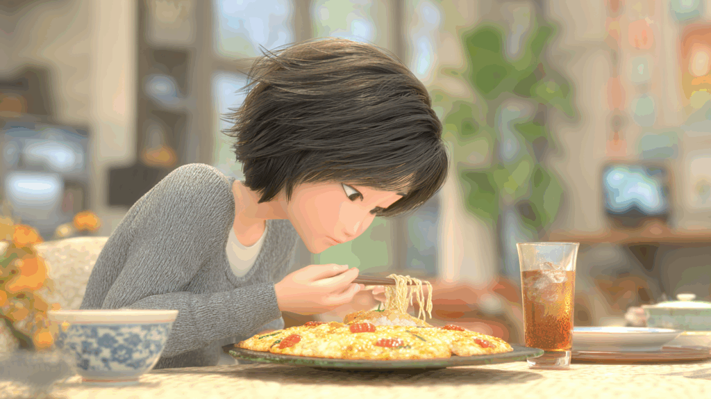 かに玉を食べるアニメの女性