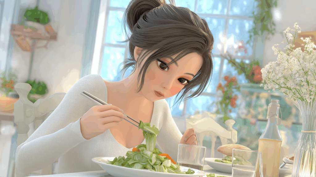 箸で麻婆キャベツを食べる女性のイラスト