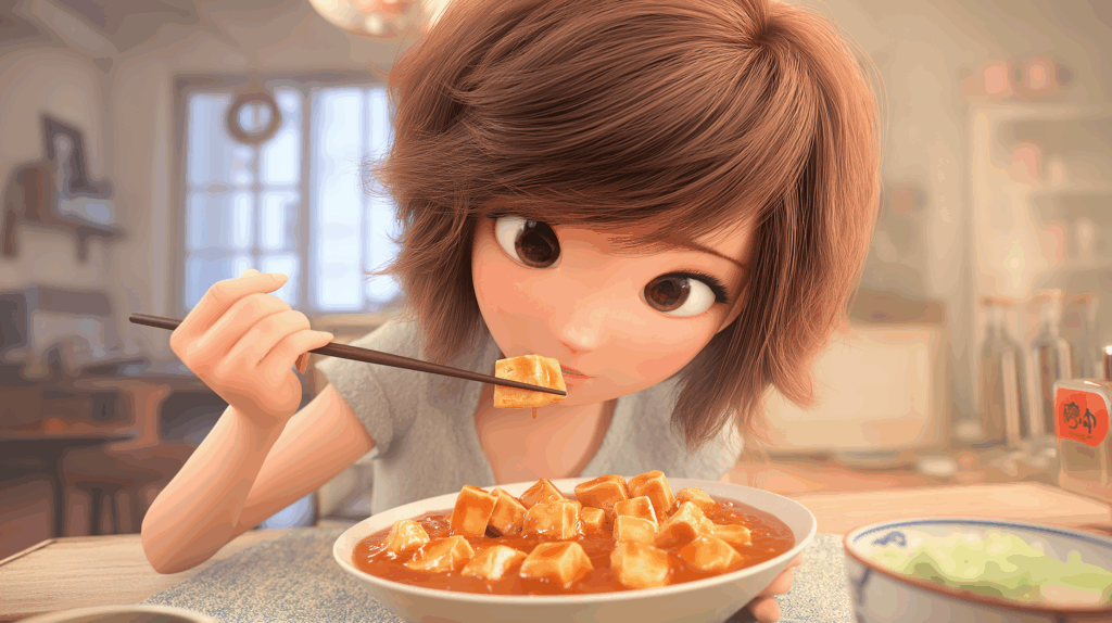 麻婆豆腐を箸で食べるアニメ風の女性
