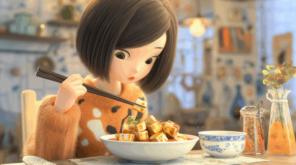 麻婆豆腐を箸で持ち上げるアニメ風の女の子