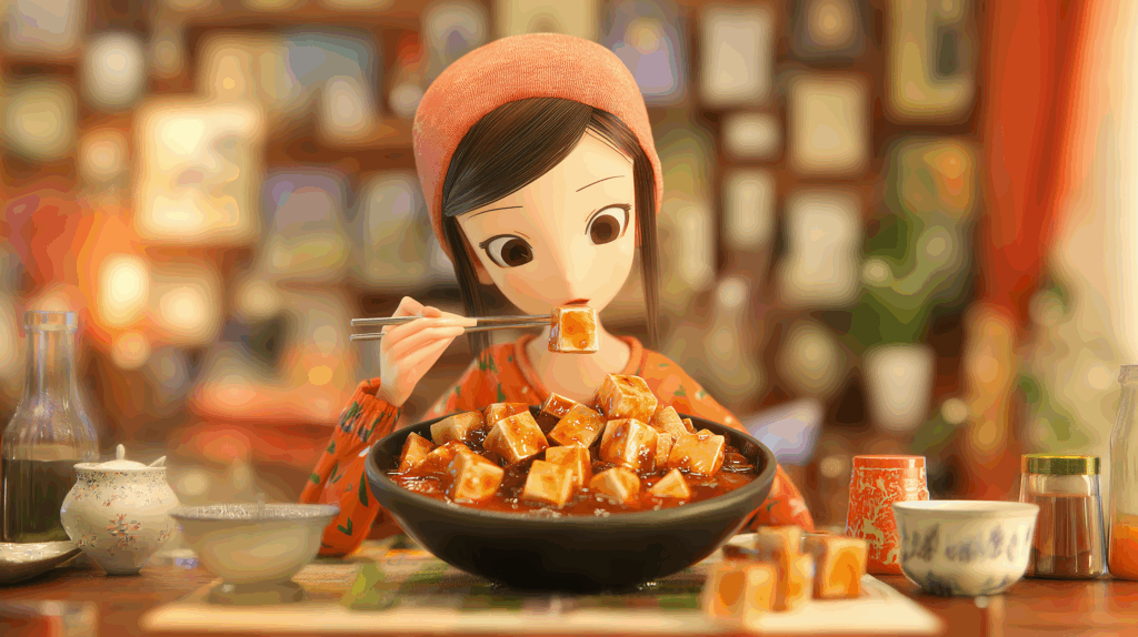 麻婆豆腐を食べるアニメ風の女の子