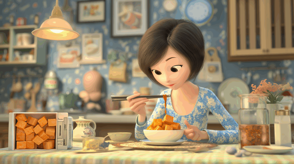 家で女性が麻婆豆腐を箸で食べている様子