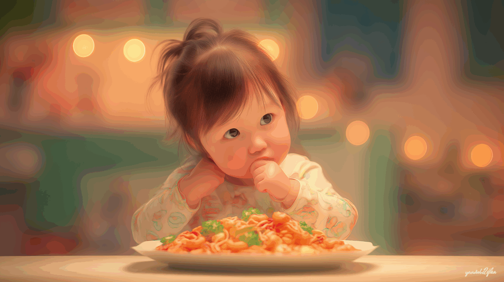 名古屋コーチンもも肉ナポリタンを食べる幼い女の子