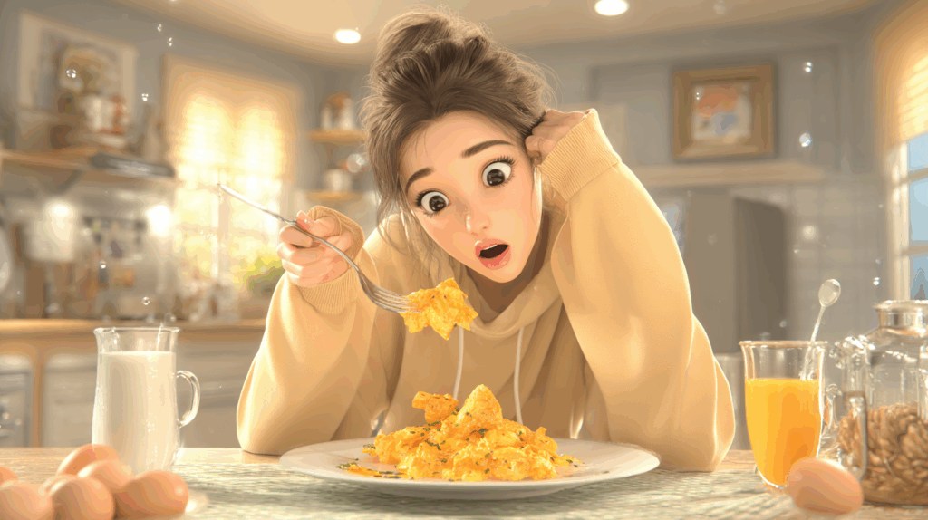 驚いた顔で名古屋コーチンもも肉オムレツを見つめる女性