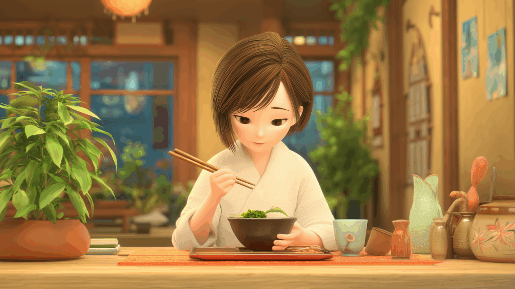 箸で肉豆腐を食べるアニメ風の女の子