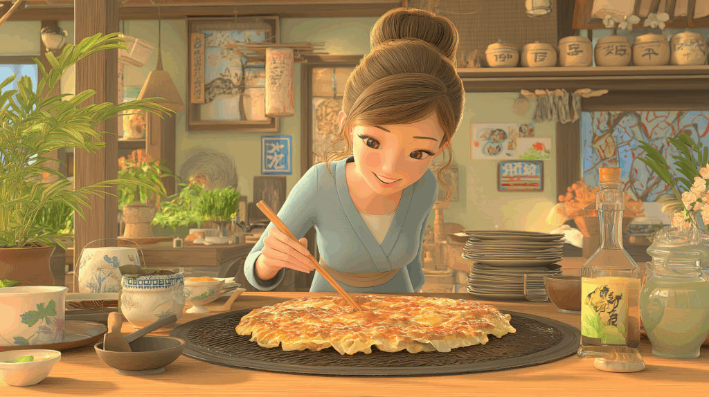 米粉のお好み焼きを作る女性