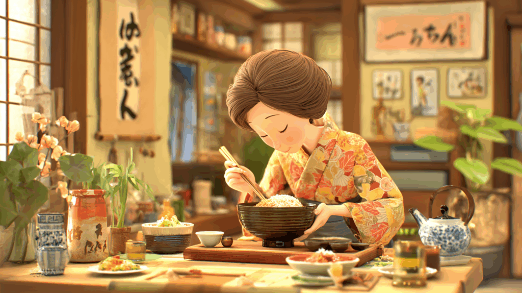 着物を着た女性が家で特製親子丼を食べている