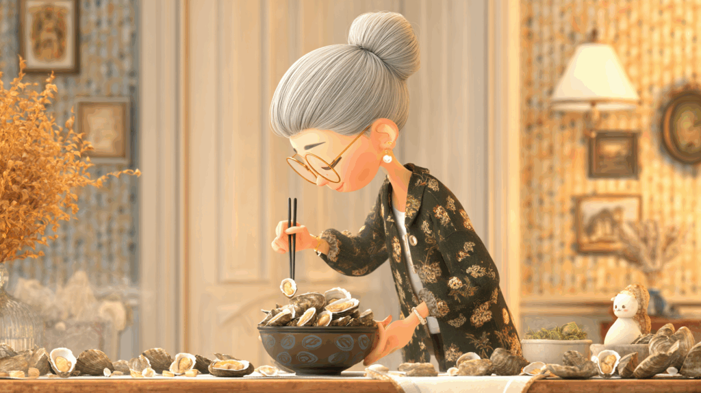 おばあさんがカキを箸で食べているイラスト