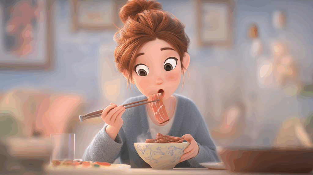 生姜焼きを箸で食べるアニメ風の女性