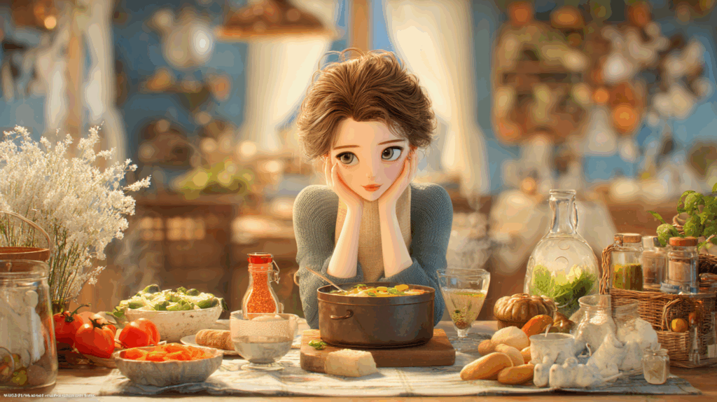 キャベツのコンソメ煮を前に頬杖をつく女性