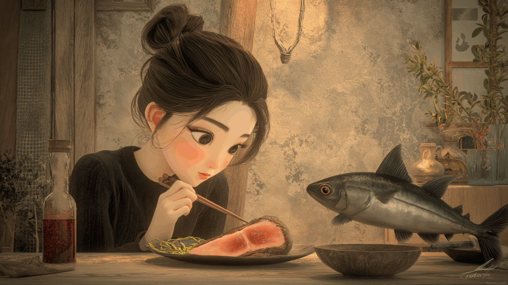 鰹のたたき黒酢柚子胡椒を見つめる女性のイラスト