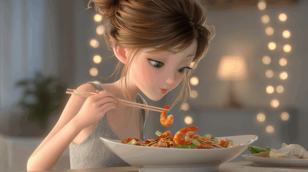 海老イカチリを箸で食べるアニメ風の女の子