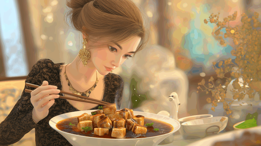 女性が箸で麻婆豆腐を食べている様子