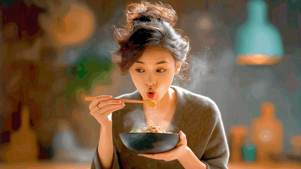 湯気が立つよだれ鶏を箸で食べる女性