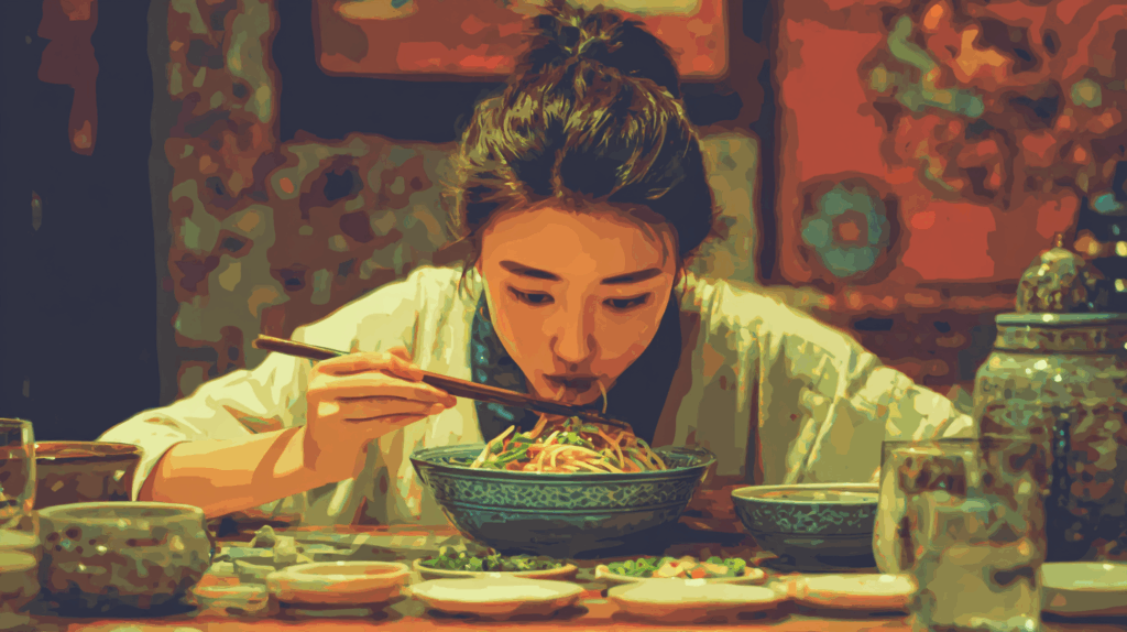 箸で麺を食べる女性