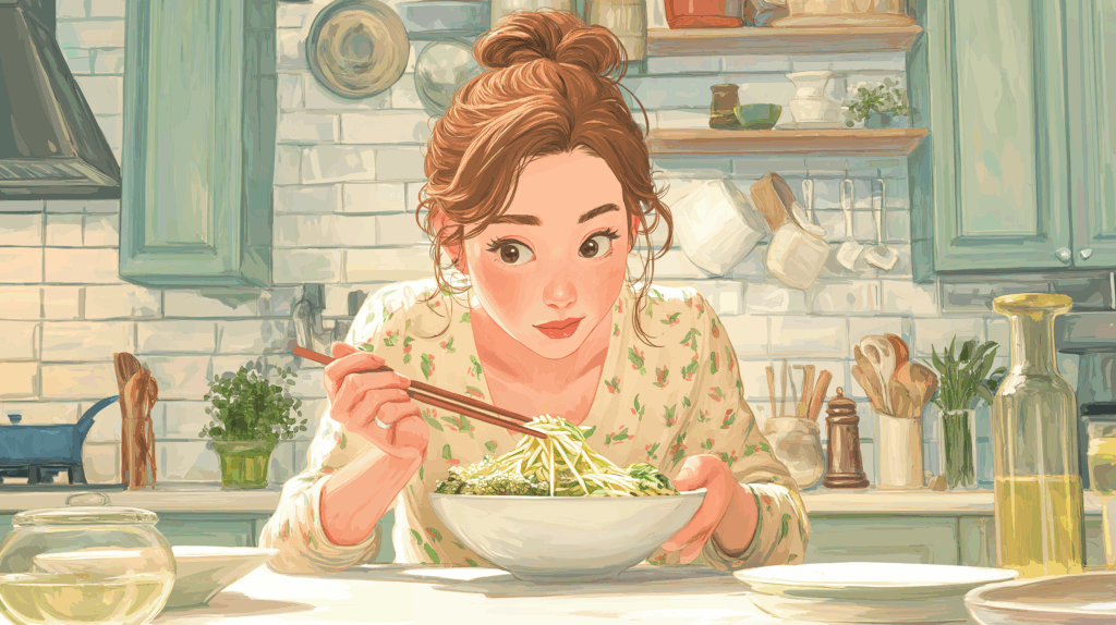 もやしのねぎ味噌炒めを箸で食べる女性