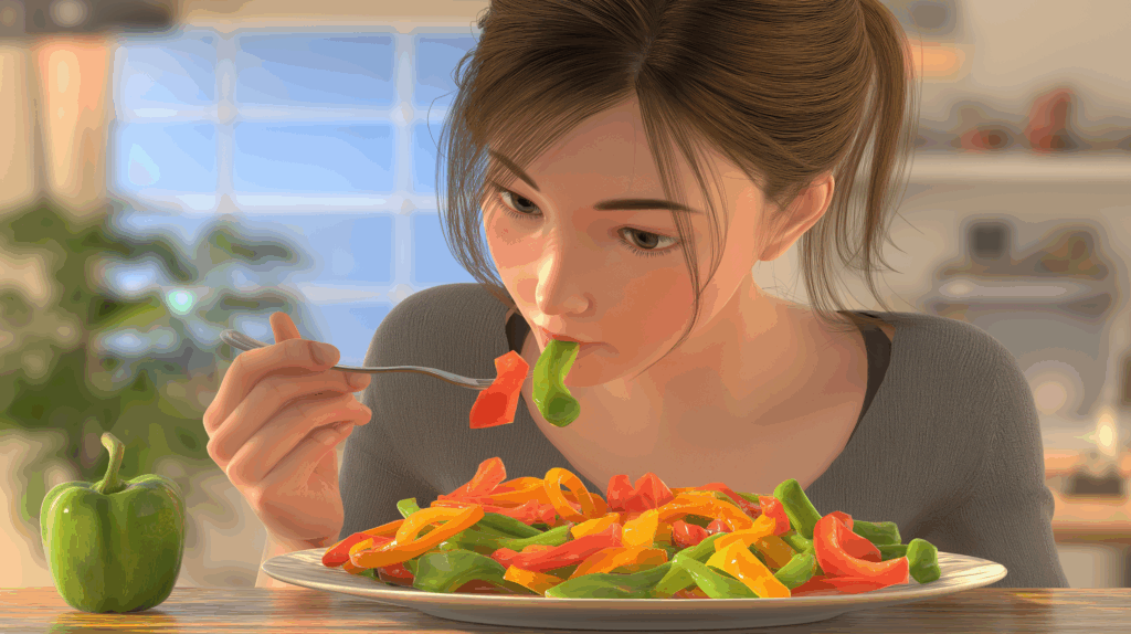 女性がピーマン炒めを食べている様子