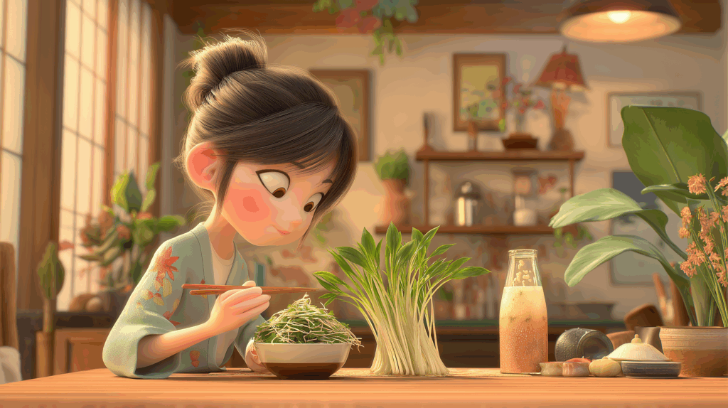 箸でニラもやし炒めを食べる女の子