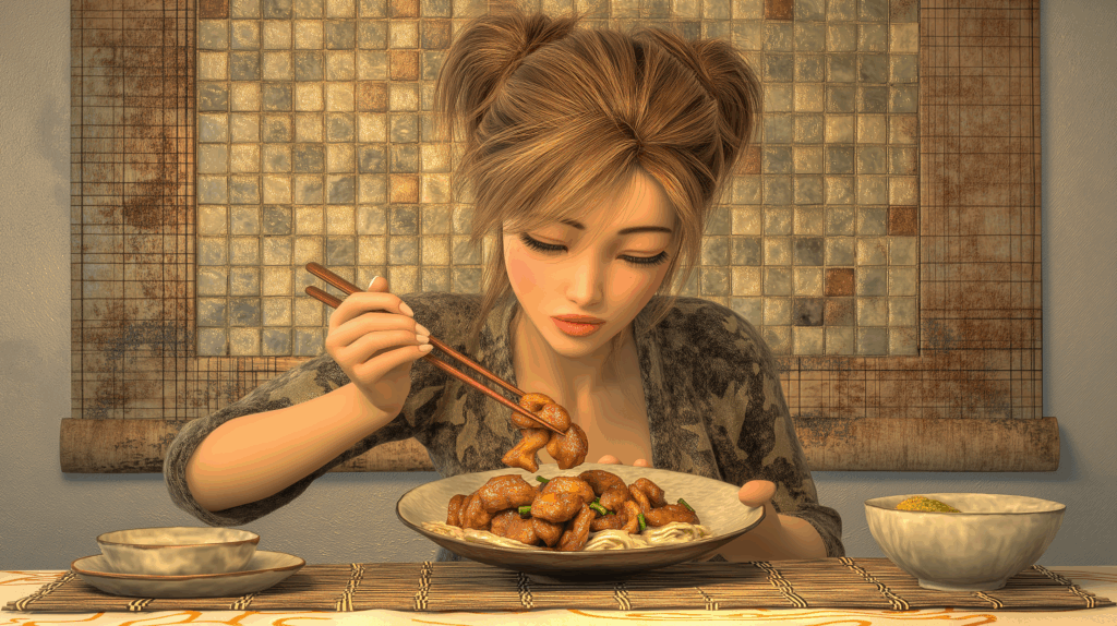 箸で豚の玉ねぎ生姜炒めを食べる女性