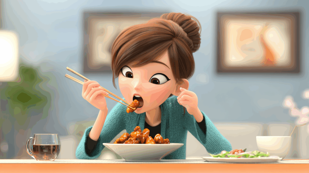 箸で酢豚を食べるアニメ風の女性