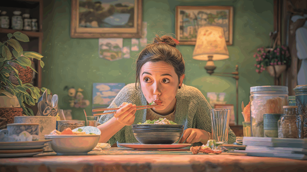 箸で雑煮を食べる女性