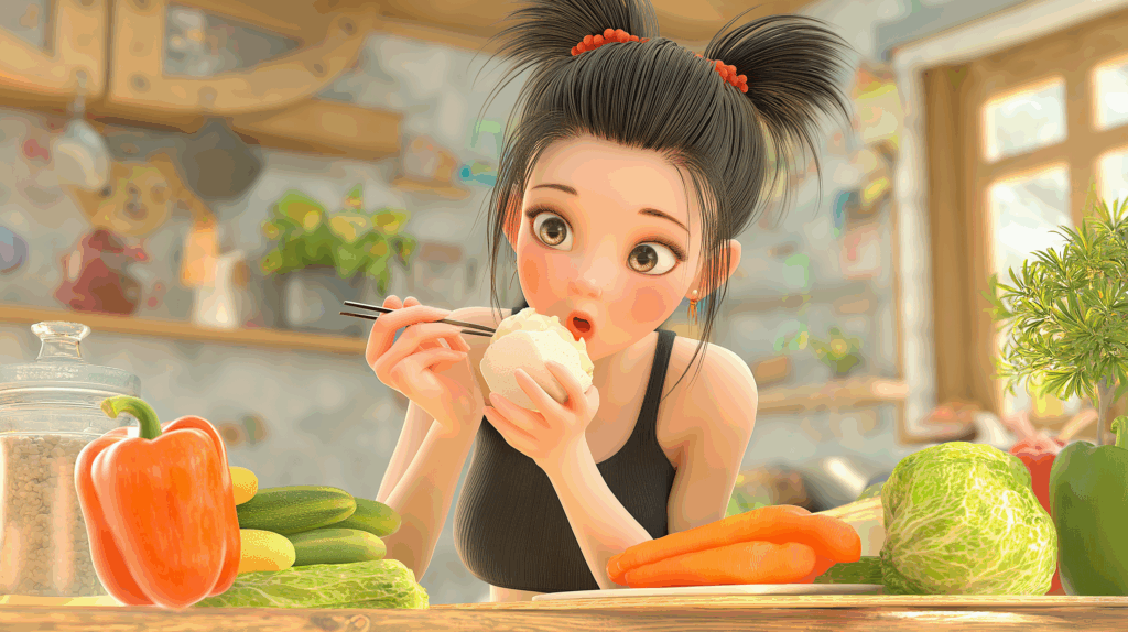 料理を食べるアニメの女の子