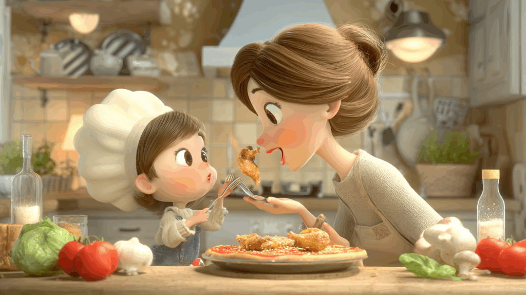 料理を味見する親とコック帽をかぶった子供