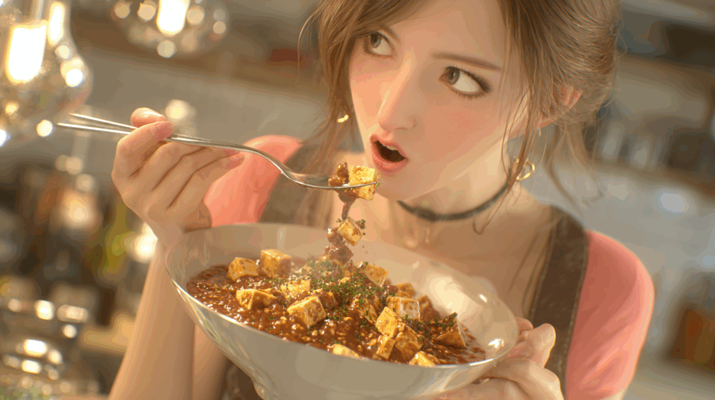 女性が麻婆豆腐をスプーンで食べる様子