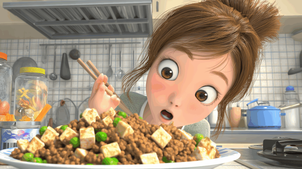 麻婆豆腐を見て驚く女性