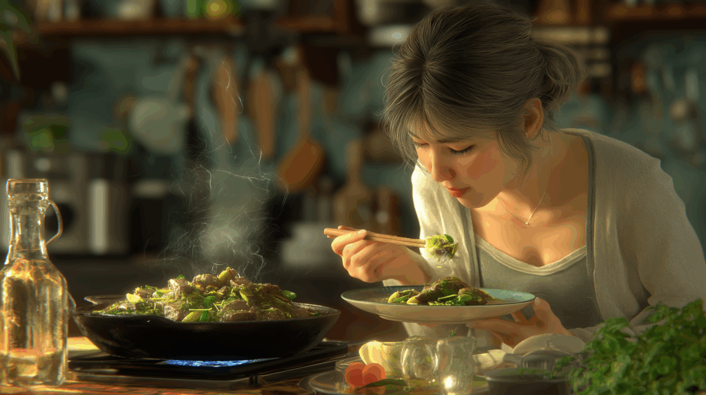 料理を味見する女性