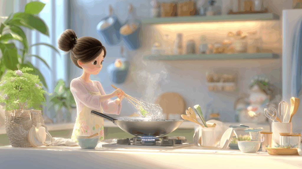 女性がキッチンで料理をする様子