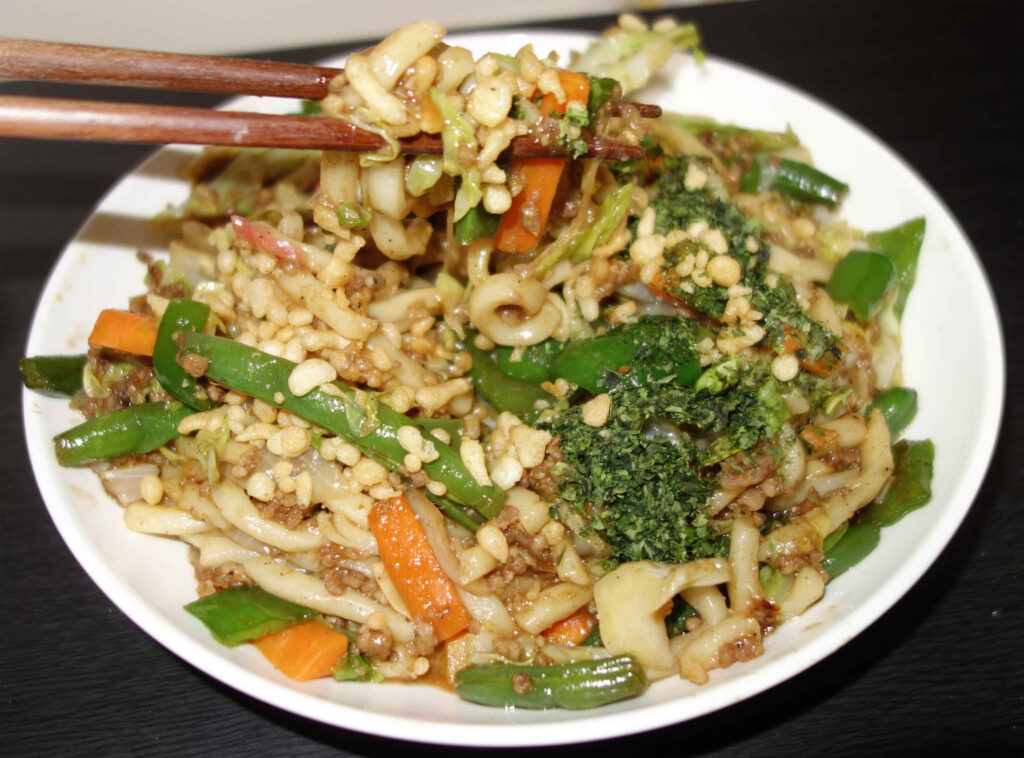 箸で持ち上げられた野菜炒め入りのうどん