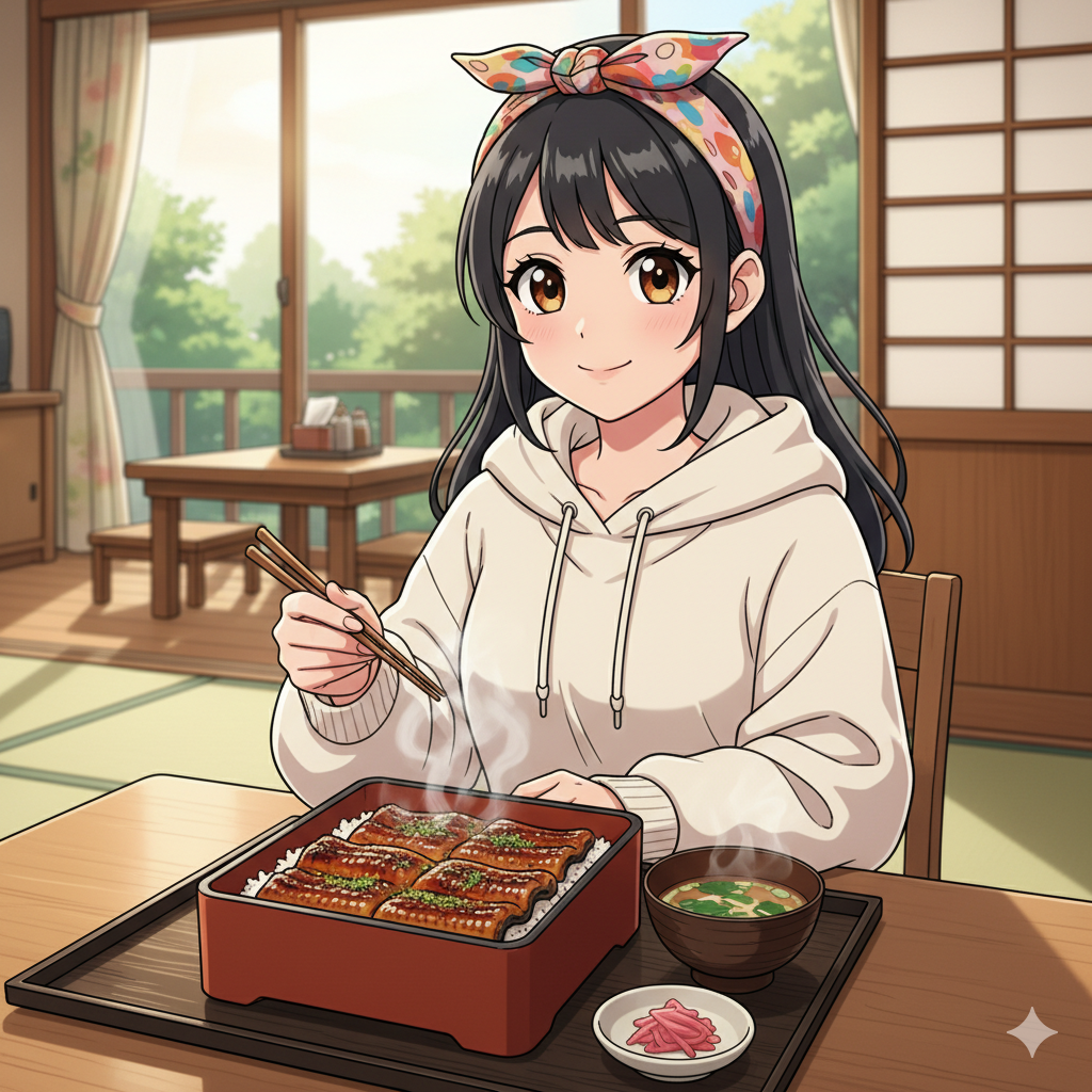 着物姿の若い女性が部屋で鰻重を食べている様子