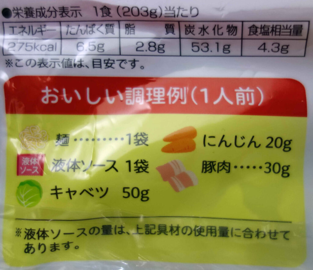 食品パッケージの栄養成分表示と調理例
