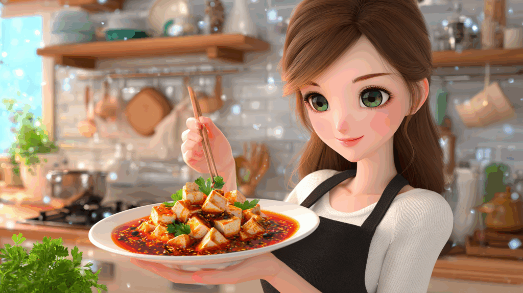 赤から麻婆豆腐を食べるキュートな女性